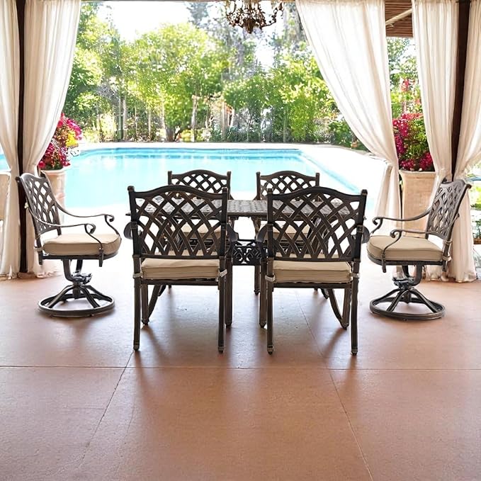 7 Piece Outdoor Dining Set Cast Aluminum, Retro Patio Dining Furniture Set for 6 Includes 59” Rectangular Table 2 Swivel Chairs with Thicker Cushions and Umbrella Hole for Patio Deck Garden