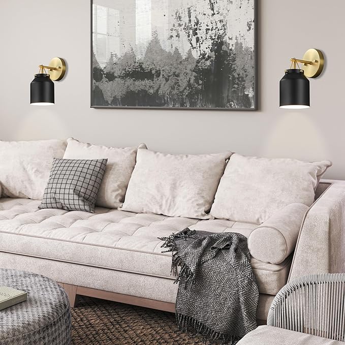 GLOBE Electric 65000102 1-Light Plug-in or Hardwire Wall Sconce, Matte Black, Matte Brass Accents, 6ft Black Braided Fabric Cord, in-Line Rocker Switch, Wall Lights for Living Room