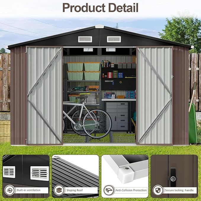 Aoxun 9.4x7.3x6.5 FT Outdoor Storage Shed, Garbage Can, Outdoor Metal Shed for Tool, Garden, Bike, Placed in Patio, Garden Brown Base Included
