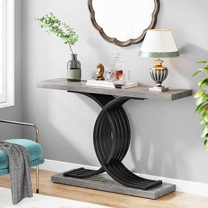 Console Tables for Entryway, Modern Farmhouse 39-inch Entryway Table with Geometric Base, Wooden Hallway Table for Entrance, Living Room (Brown)