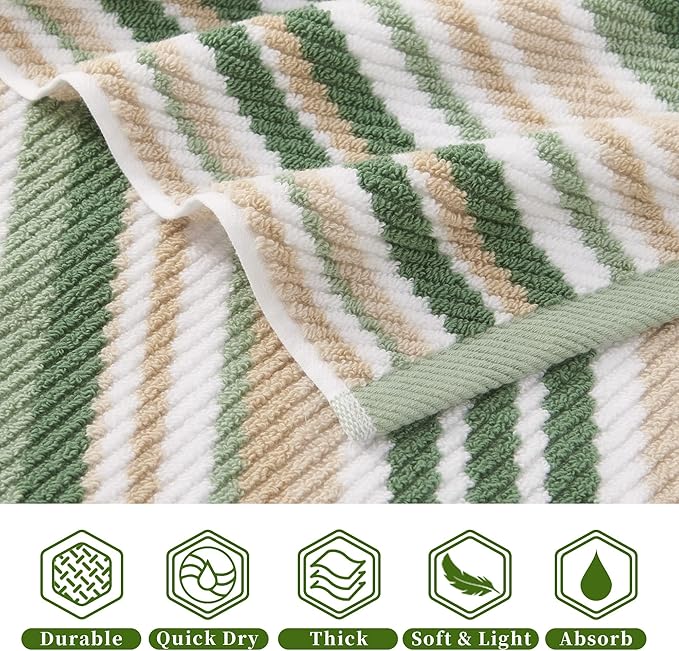 Green Hand Towels Set of 4, 16"x27" - 100% Cotton | Quick Dry | Soft | Absorbent | Lightweight, Striped Hand Towels for Bathroom & Guest, Luxury Towel Set for Showering, Sage and Beige Stripes