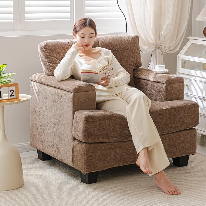 Oversized Accent Chair with Armrest Storage,38”W Big Armchair with 7.8'' Thick Cushion,Deep Seat,Large Comfy Reading Chair, Living Room Chairs,Sofa Chair for Bedroom,Chenille,Brown
