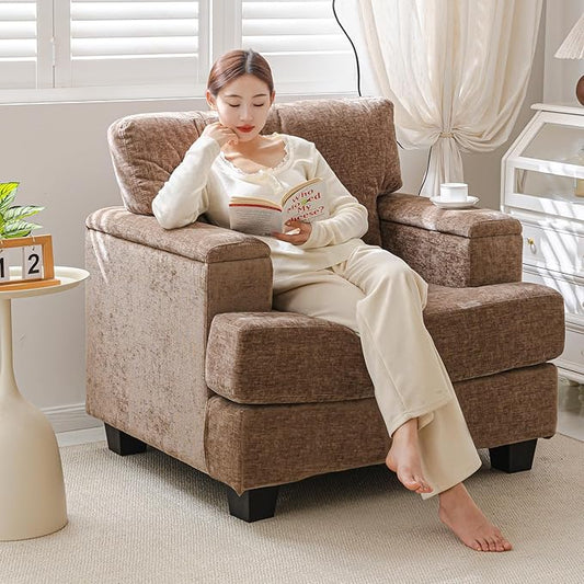 Oversized Accent Chair with Armrest Storage,38”W Big Armchair with 7.8'' Thick Cushion,Deep Seat,Large Comfy Reading Chair, Living Room Chairs,Sofa Chair for Bedroom,Chenille,Brown