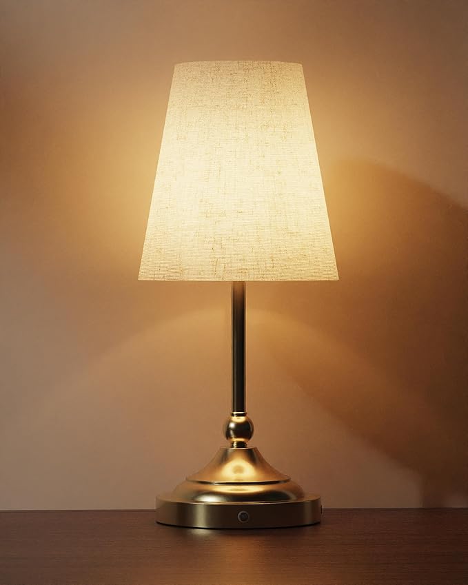 Lightapex Vintage Small Cordless Table Lamps with Stepless Dimming, Portable Rechargeable Bedside Lamps with Touch-Control for Bedroom, Living Room, and Reading, Cone(Brassy)