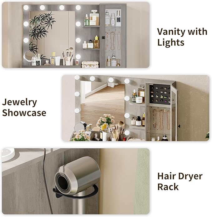 Vanity Desk with Mirror and Lights, Grey Makeup Vanity with 5 Drawers Hidden Jewelry Organizer& LED Glass Cabinet,3 Light Mode and Brightness Adjusted,Vanities Mirror with Lights Desk and Chair