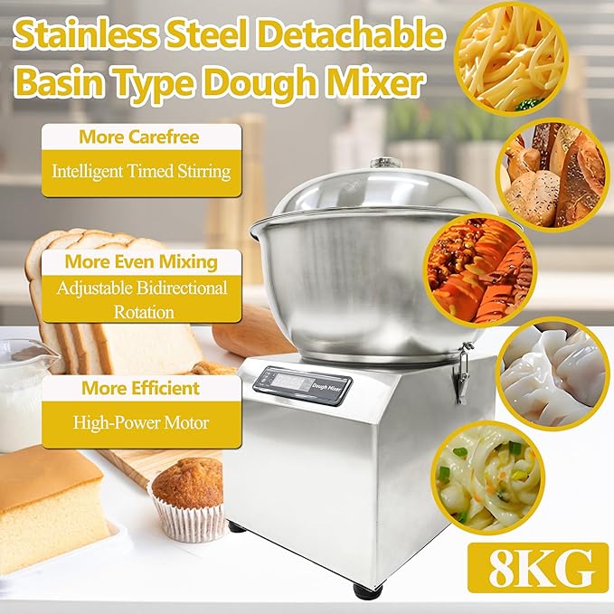Stainless Steel Dough Mixer Machine Detachable Basin Type Dough Mixing Machine 8KG Capacity 110V Bidirectional Rotation Flour Mixer with Timing Function Suitable for Household Commercial Use