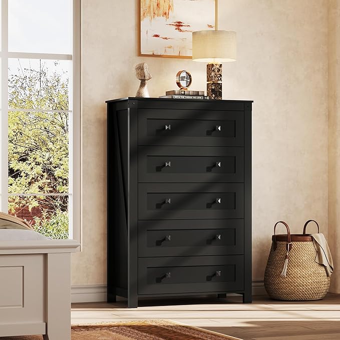 WLIVE Farmhouse 5 Drawer Dresser for Bedroom, Wood Dresser Storage Organizer, Tall Black Dressers with Double Rustic Handle, Chest of Drawers for Living Room, Hallway, Closet