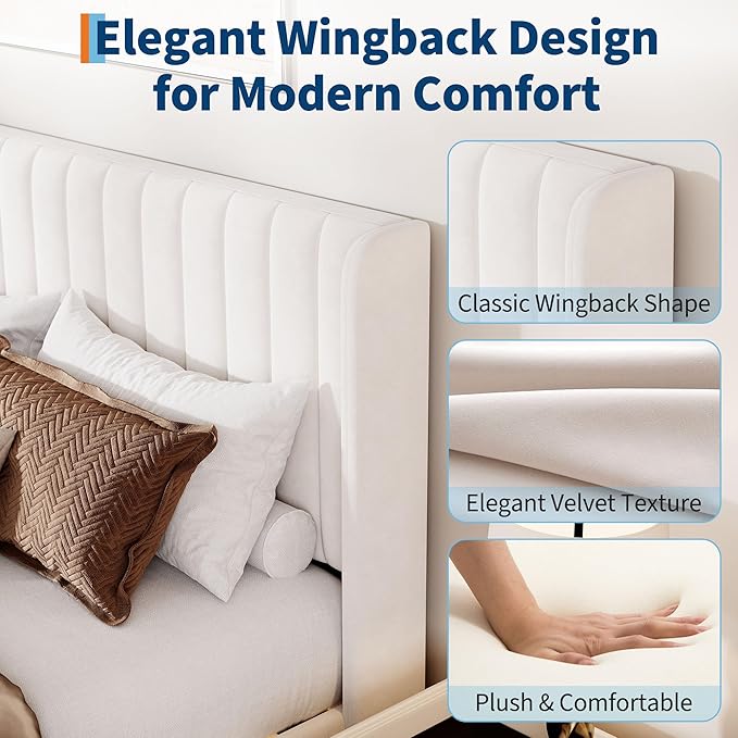 IDEALHOUSE Full Size Velvet Bed Frame/Vertical Channel Tufted Wingback Headboard/Upholstered Platform Bed/Wood Slats/No Box Spring Needed/Easy Assembly/White