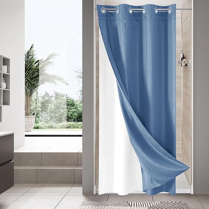 MitoVilla Blue Waffle Small Stall Shower Curtain 36 x 74, No Hooks Required Half Size Narrow Fabric Cloth Shower Curtain Set with Snap-in Liner for Modern Bathroom Decor, Moonlight Blue