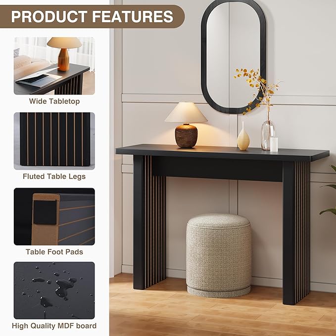 Fluted Entryway Console Table, Wooden Rectangular Sofa Table for Entrance, Narrow Wood Entryway Small Long Entry Table for Hallway, Living Room (Black)