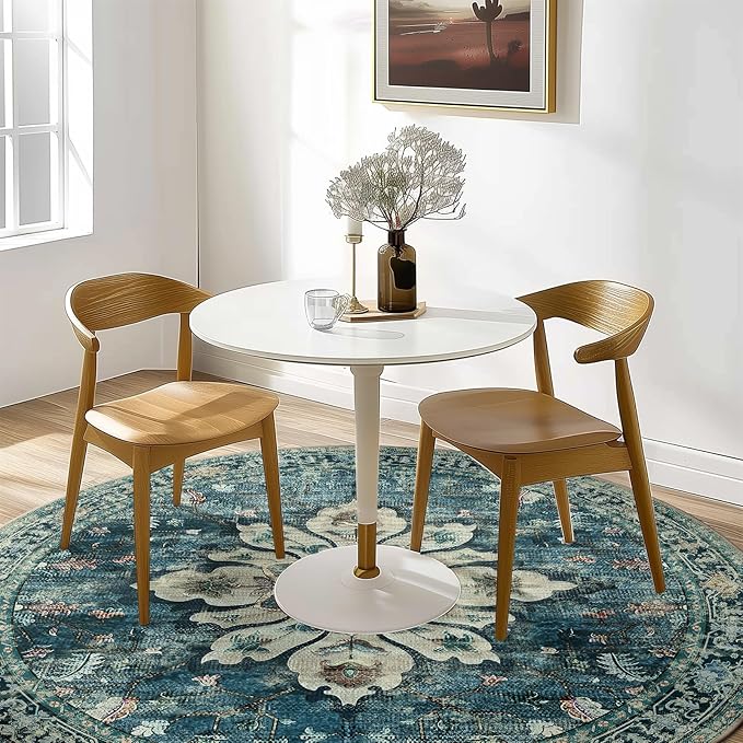 Area Rugs 5ft Washable Non-Slip, Floral Vintage Distress Print Pattern Medallion Carpet for Living Room Bedroom Dining Room, Dark Blue Vintage