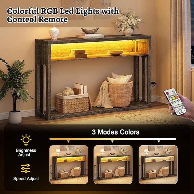 FAVOOSTY Farmhouse Console Table with Storage, 47" 2-Tier Entryway Sofa Table with Led Light Behind Couch Table Hallway Stand for Living Room, Hallway, Foyer - Gray