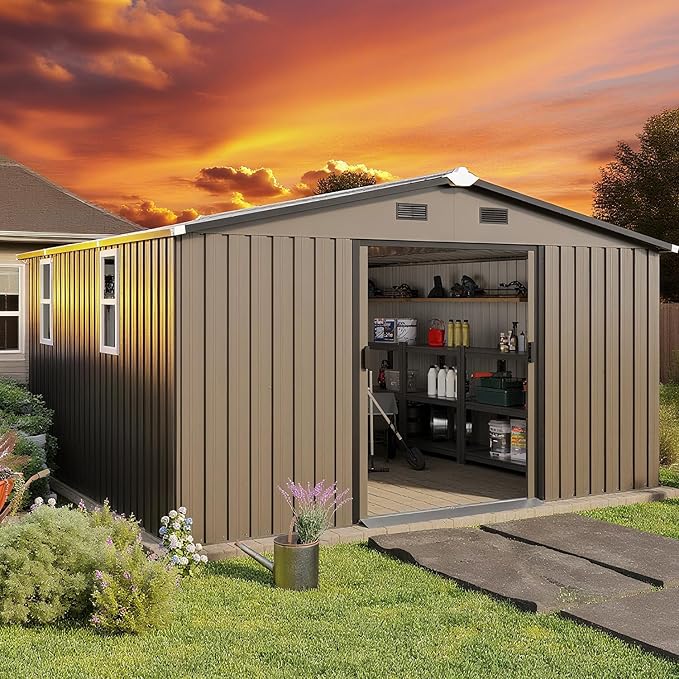 12 x 10 FT Outdoor Storage Shed, Metal Garden Tool Shed with Slooping Roof, Lockable Doors, All-Weather Bike Shed Easy to Assemble for Backyard, Patio, Lawn, Brown