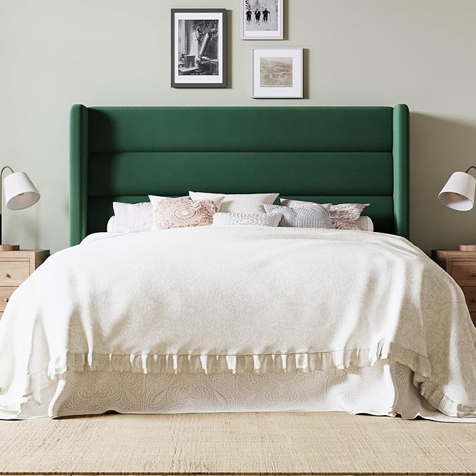 Allewie Queen Size Platform Bed Frame with Velvet Upholstered Wingback Headboard, No Box Spring Needed, Under Bed Storage Space, Strong Wooden Slats, Modern Mattress Foundation, Easy Assembly, Green