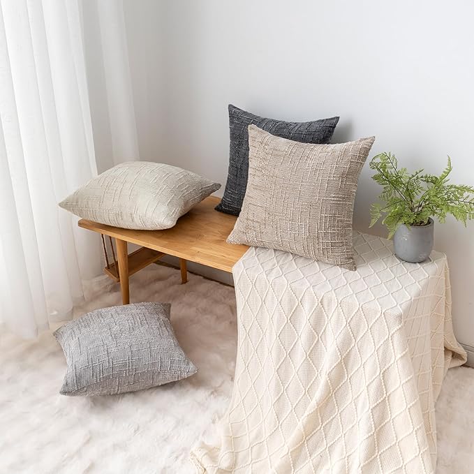 Decorative Throw Pillow Covers 18x18 Inch Set of 4, Soft Solid Farmhouse Chenille Couch Pillows, Spring Pillow Covers for Couch Sofa Bed Living Room Home Decor Pillowcase, Light Colors