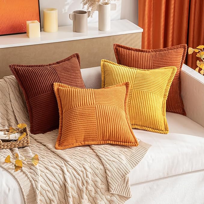 MIULEE Dark Rust Fall Decorative Throw Pillow Covers for Couch Bed Livingroom 20x20 Inch Set of 2 Boho Accent Throw Pllows Broadside Striped Patchwork Soft Corduroy Pillowcases