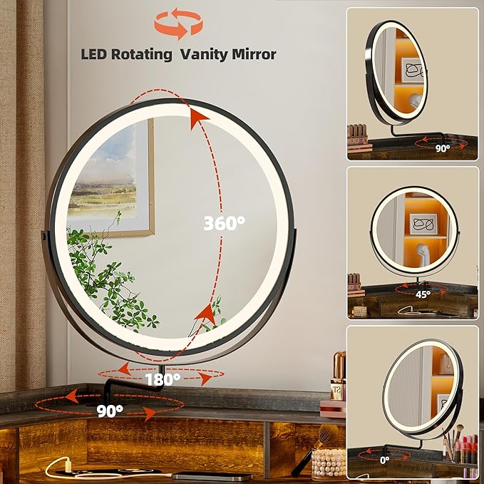 Corner Vanity Desk with Rotating Mirror and Lights,Glass Top Makeup Vanity with Human Body Senor&Charging Station,LED Vanity Table Set with 5 Drawers and Shelves for Bedroom