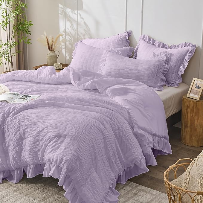 JOLLYVOGUE Lavender King Comforter Set, 3 Pieces Seersucker Comforters King Size, Lightweight & Fluffy Bedding Sets King for All Season with 1 Ruffle Comforter and 2 Ruffle Pillowshams