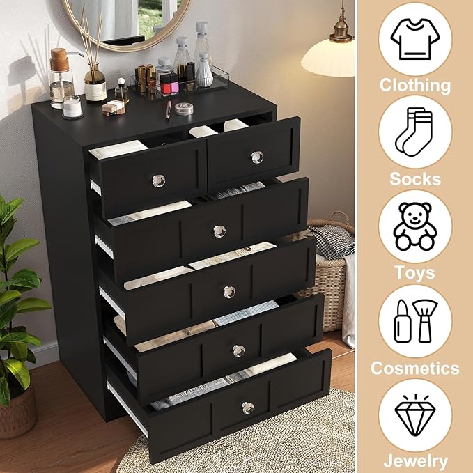 Wood Dresser for Bedroom 6 Drawer: 24" Black Chest of Drawers Wood, Modern Fluted Cabinet with Sturdy Storage, Wide Aesthetic Furniture for Room Organization