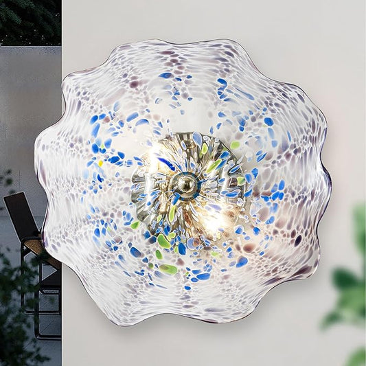 Hand Blown Glass Plate Wall Decor, Modern Unique Glass Wall Art, Lotus Leaf Wall Plate Shape Wall Sconce with Transparent and Easy to Clean for Staircase, Living Room, Kitchen, Hallway (Blue-2)