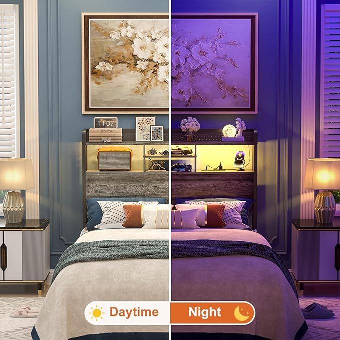 Unikito Headboard for Full Size Bed with Storage Shelf, Head Board with 3 Outlets and 2 USB Ports, Headboards with RGB LED Light, Height Adjustable, Sturdy and Stable, Easy Assembly,Black Oak