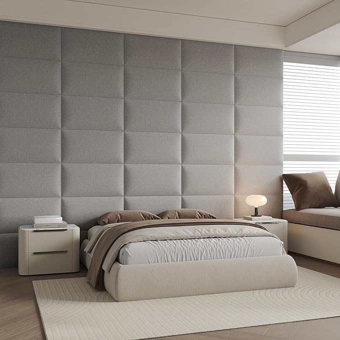 Airy Light Gray Linen Fabric Headboard 24x12 Inch 12-Panel Set - Wall-Mounted or Freestanding for Queen/King Beds, Breathable and Lightweight Design