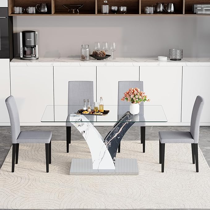 Glass Dining Table Set for 4, 63” Kitchen Table Set for 4, Modern Dining Room Table Set with Upholstered Chairs, Tempered Glass Tabletop with Y Shape Base