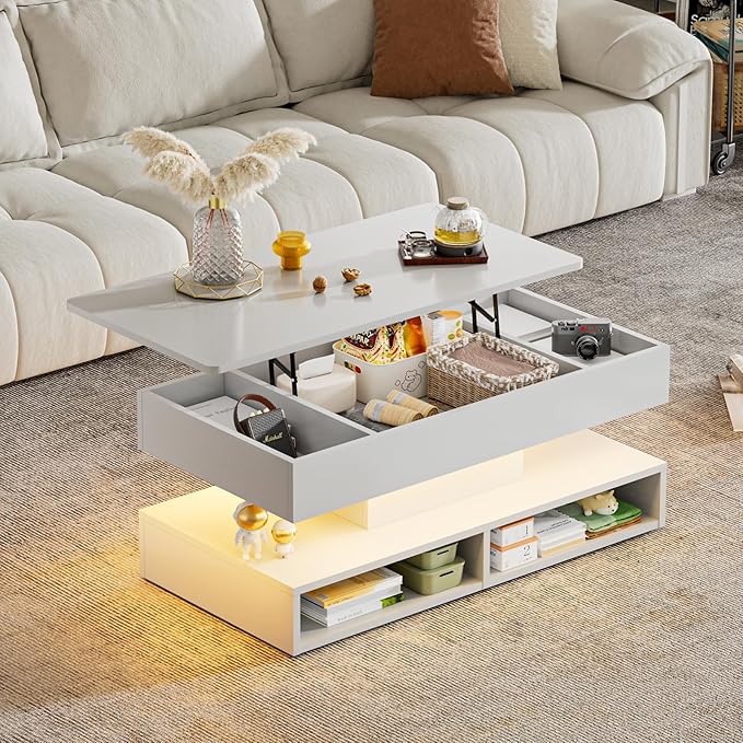 LED Coffee Table for Living Room,47.2" Large Living Room Table 2-Tier High Glossy Coffee Table with Storage,Rectangular Wooden Tea Tables for Home Office,White