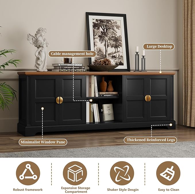 HLR 67” Modern TV Stand for TVs up to 75+ inch, Shaker Style Television Console Table, Entertainment Center with Storage Cabinets, Wood Media Furniture for Living Room, Bedroom, Black