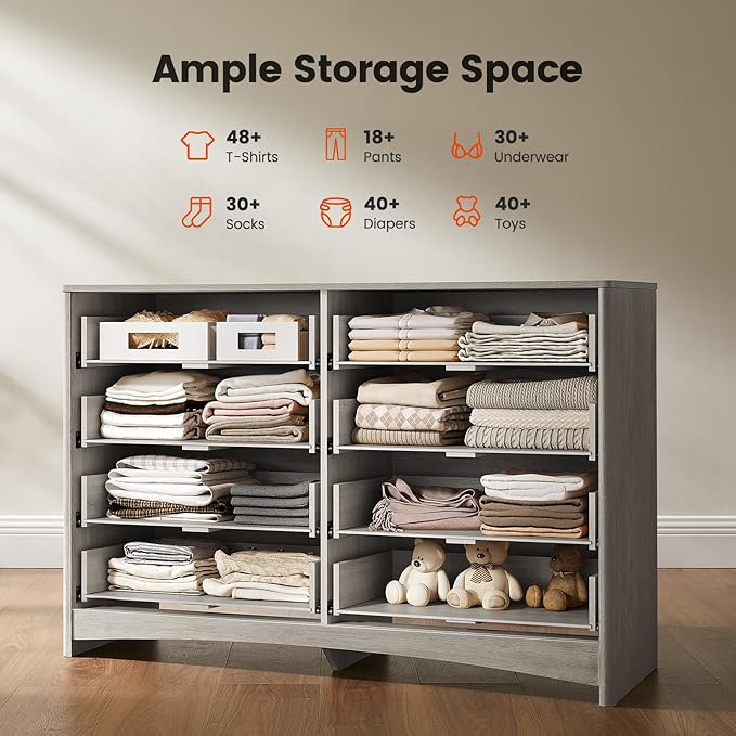 Amada Modern 8 Drawer Dresser, Fluted Wood Chest of Drawers with Rounded Corners, Pre-Installed Drawer Slides, Dresser TV Stand and Storage Organizer for Bedroom, Hallway, Gray