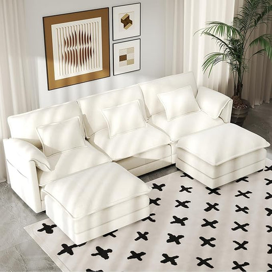 Real Relax 111'' Modular Sectional Sofa, U Shaped Chenille Convertible Couch with Movable Ottoman, 6 Pillows and 2 Armrest Pillows for Living Room, Office and Leisure Places, Beige