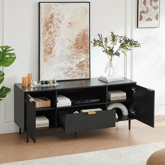 Okvnbjk Black TV Stand for 65 Inch TV, TV Consoles for Living Room, TV Stand for Bedroom w/Drawer and Storage, Wood Fluted Panel Media Console, Entertainment Center w/Soft Hinge & Cable Management