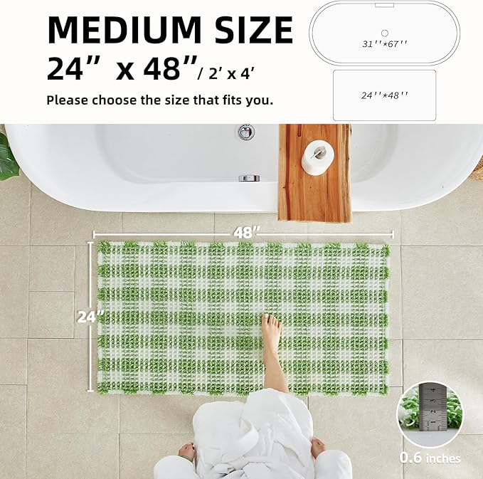 Waffle Bath Mat, Boho Bathroom Rugs Non Slip Washable Absorbent Checkered Bathroom Mat Quick Dry Cute Bath Mat, 48"x24" Green and White