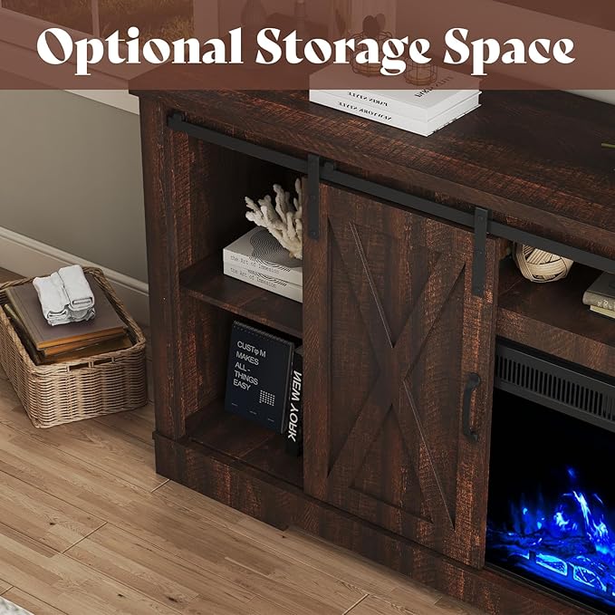 AMERLIFE Fireplace TV Stand with Sliding Barn Door for TVs up to 73", Farmhouse 63" Fireplace Entertainment Center with Storage Cabinets/Adjustable Shelves, Reclaimed Barnwood