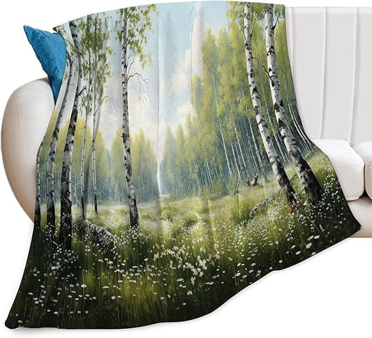 Forest White Birch Landscape Throw Blanket for Women, Men, Girls, Boys - Soft, Warm, Cozy Fleece Blanket for Couch, Sofa, Bed - 80"x60"