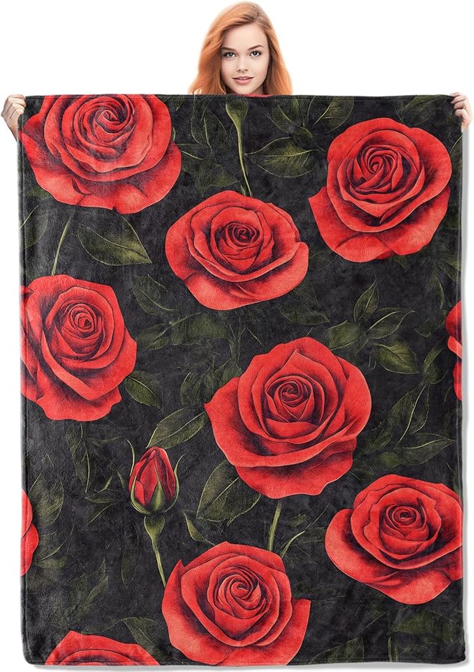 Red Roses Flannel Blanket, Floral Gifts, Floral-Themed Blanket for Women, Soft Lightweight Throw Blankets for Bed Home Travel Decor 60" x 80"