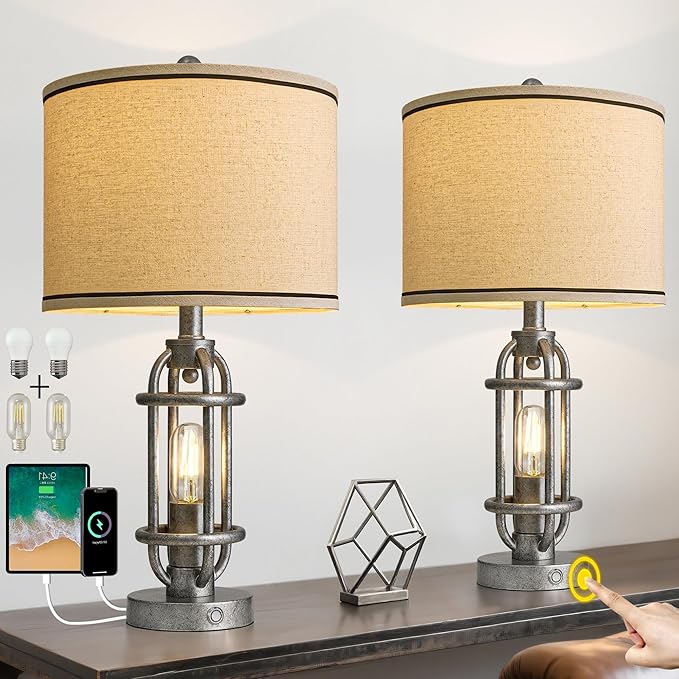 23.75'' Table Lamps Set of 2 for Living Room Bedroom Industrial Farmhouse Metal Touch Lamps with USB A+C Ports, Night Light Vintage Nightstand Bedside Lamp, Bulbs Included, Antique Silver