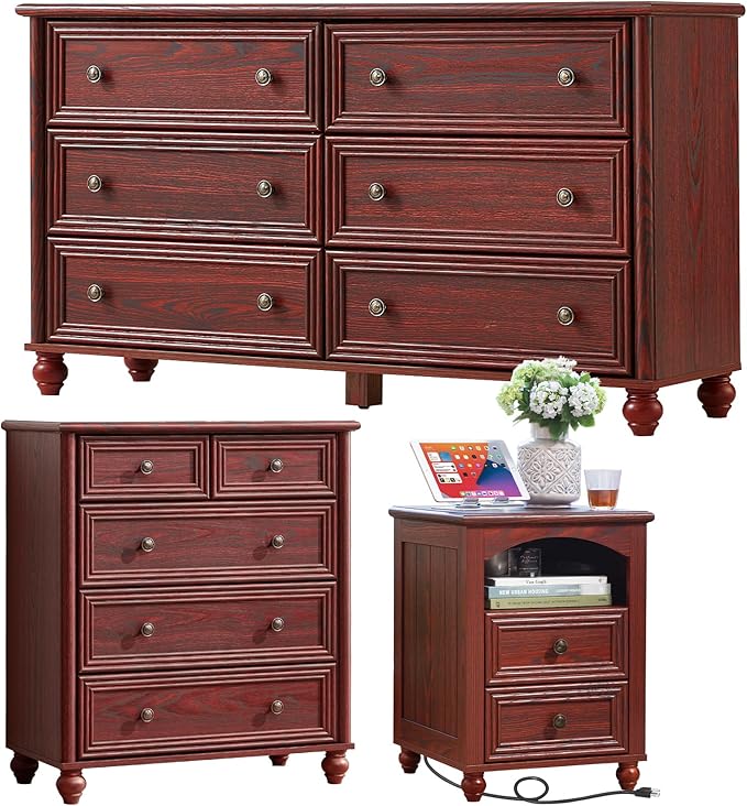 Farmhouse Dressers & Night Stand Set of 3, Wood 54" Wide 6 Drawer Dresser & 35.5"Tall Chest of Drawers, 18" with Charging Station Nightstand, Bedroom Furniture Dresser Set for Home Living Room Hallway