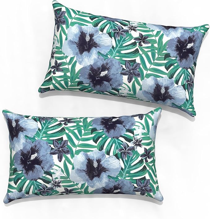 Outdoor Lumbar Pillow Covers 12”x20”, Rectangle Throw Pillow Covers for Patio Furniture, Decorative Lumbar Cushion Case for Garden Balcony Couch Office Chair, Pack of 2,Blue Salmone Tropical