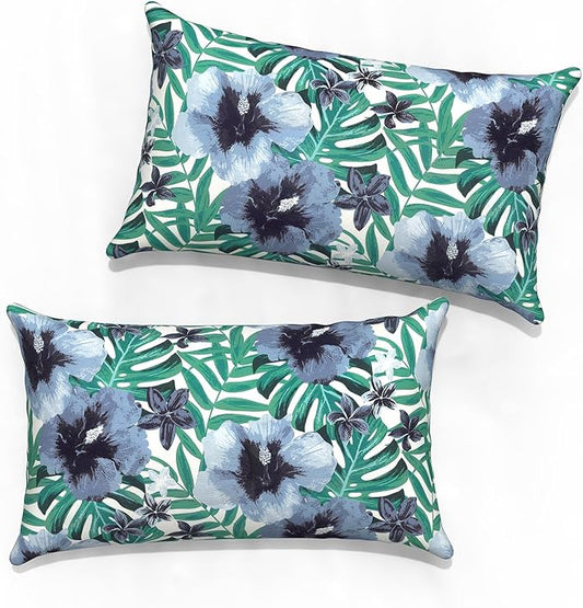 Outdoor Lumbar Pillow Covers 12”x20”, Rectangle Throw Pillow Covers for Patio Furniture, Decorative Lumbar Cushion Case for Garden Balcony Couch Office Chair, Pack of 2,Blue Salmone Tropical