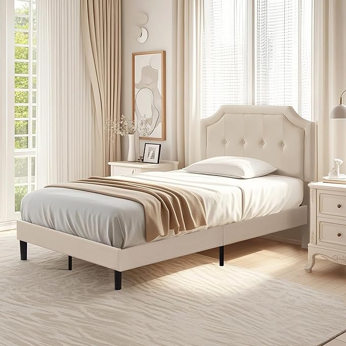 VECELO Twin Size Platform Bed Frame with Fabric Upholstered Headboard and Wooden Slats Support, No Box Spring Needed/Easy Assembly,Beige