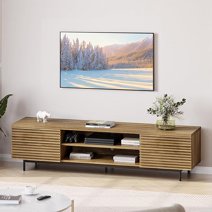 BELLEZE Fluted TV Stand for TV up to 75", Modern Entertainment Center with Storage Media Console Table with Cable Management, Wood TV Cabinet for Home Living Room Bedroom(Camel), 68"x15.6"x17.2"