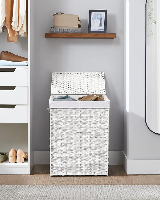 SONGMICS Laundry Hamper with Lid, 90L Clothes Hamper with 2 Removable Liner Bags, 6 Mesh Bags, Wicker Laundry Basket, Double Laundry Hamper for Bathroom, 13 x 18.1 x 23.6 Inches, White ULCB251W01V1