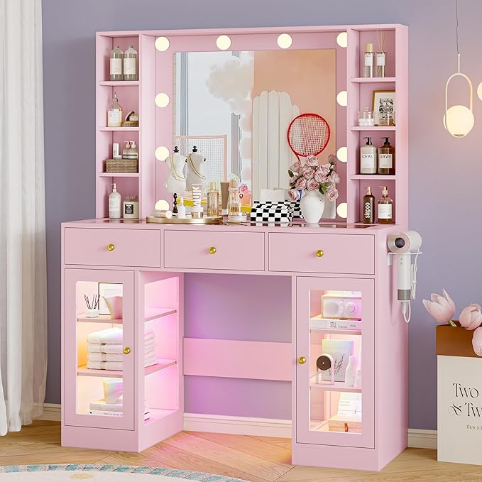 Makeup Vanity Desk with Mirror and Lights, Pink Vanity with Glass Top, LED Lights & Power Outlet, 3 Drawers & 2 RGB Glass Cabinets, Adjustable Lighted Dressing Table for Women & Girls Bedroom