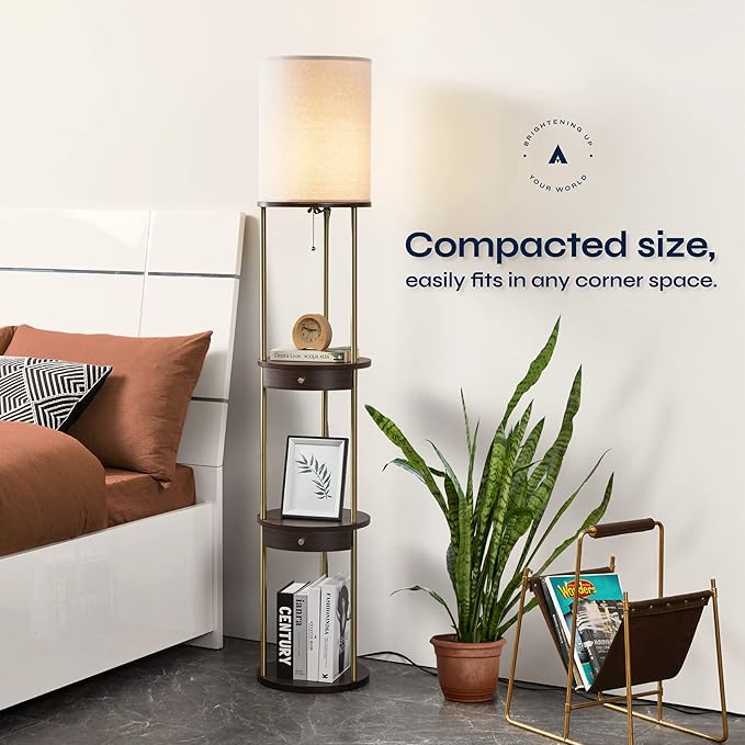 ATAMIN 63" LED Floor Lamps for Living Room, Display Shelf for Collectibles, Room Storage Shelf with Drawer, Corner Lamp for Bedroom, Floor Lamp with Shelves