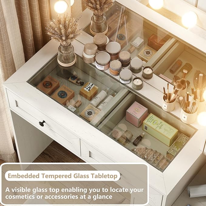 Large Farmhouse Mirror Vanity Desk with LED Bulbs White Makeup Table Set Glass Tabletop for Bedroom Charging Station & Power Outlet Adjustable Light Mode