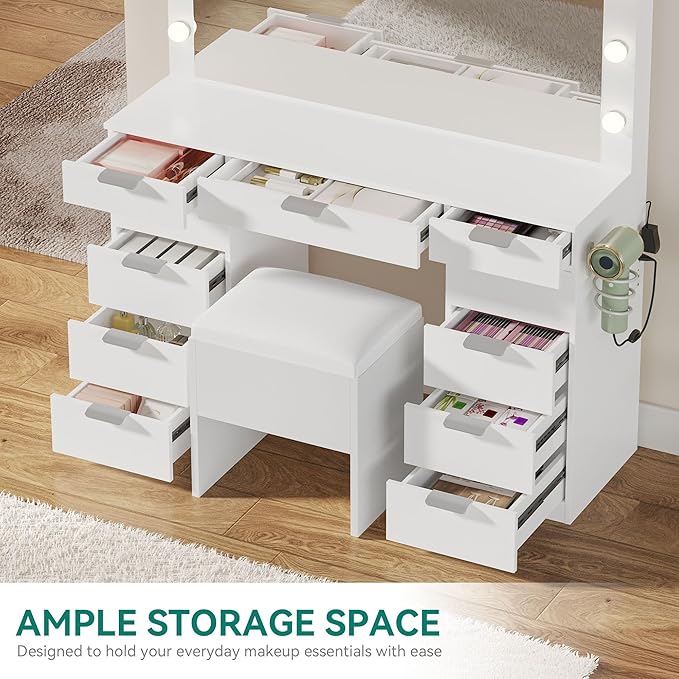 YITAHOME Makeup Vanity Desk with LED Mirror & 3 Brightness Levels, Makeup Table with 11 Drawers, Magnifying Glass, Power Outlets, Hairdryer Holder & Storage Cushion Stool for Dressing Room