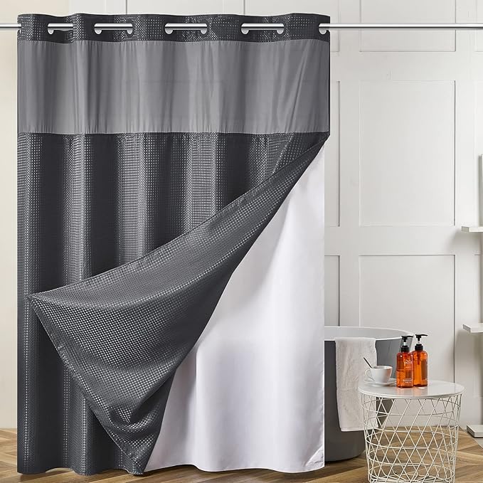No Hook Waffle Weave Shower Curtain with Snap in Fabric Liner Set,Heavy Duty Textured Bathroom Curtain with See Through Window,Waterproof & Machine Washable,Dark Grey,54x80 Inch