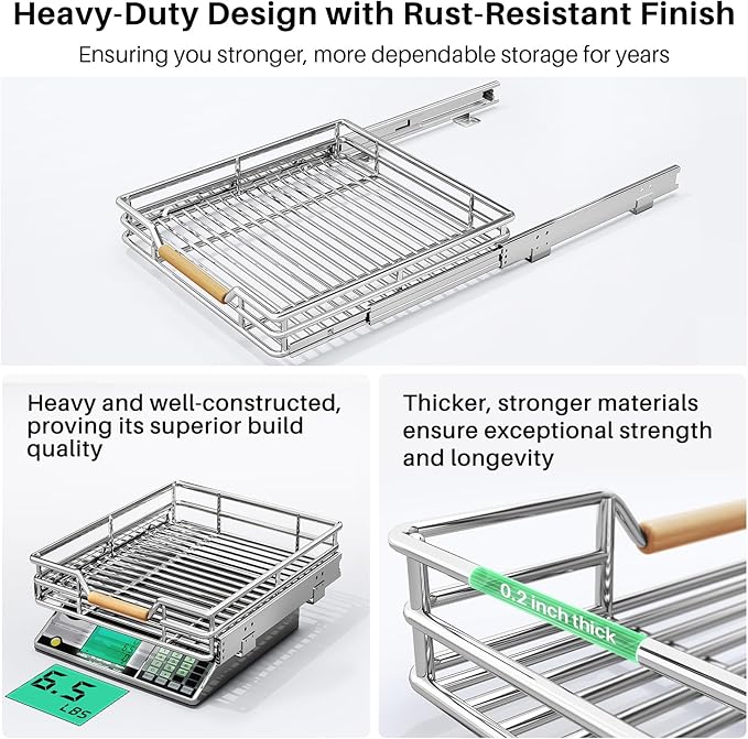 Pull out Cabinet Organizer,Heavy Duty Smooth Sliding Under Cabinet Shelves for Pots and Pans,Roll out Drawers with Thickened Chrome Plating,Slide out Drawers for Home Kitchen Pantry(15"W X 21"D)