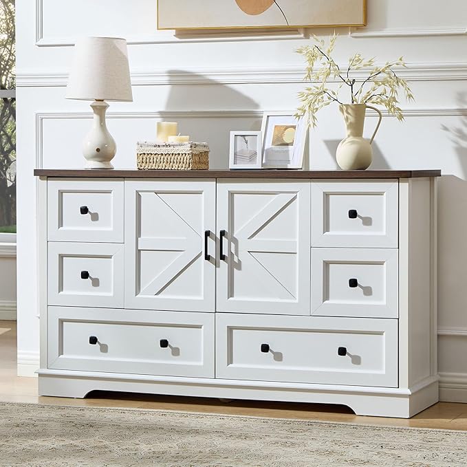 LIDYUK 6 Drawer White Dresser for Bedroom Farmhouse Dresser Chest of Drawers, 55" Wide Clothes Organizer with Storage Cabinet Wood Chest of Drawers for Bedroom, Living Room